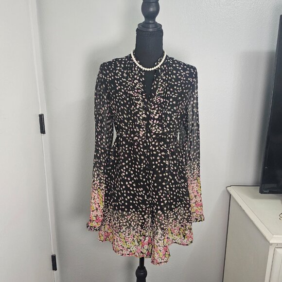NWT Cecico Black Chiffon Floral Mini Dress Pink Rose Border Print Boho Size S - Picture 2 of 6